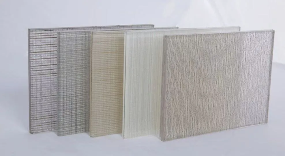Decorative glass samples with different linear and surface textures